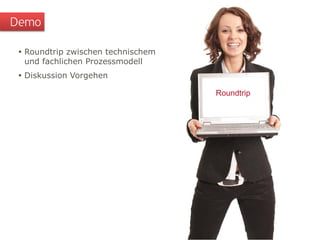 Demo

  Roundtrip zwischen technischem
   und fachlichen Prozessmodell
  Diskussion Vorgehen

                                    Roundtrip
 
