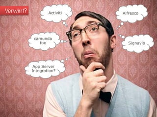 Verwirrt?           Activiti   Alfresco




             camunda
               fox               Signavio




             App Server
            Integration?
 