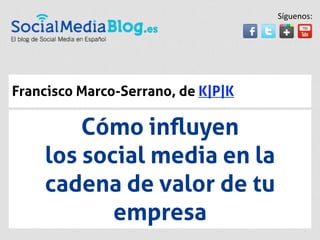 Síguenos:




Francisco Marco-Serrano, de K|P|K

        Cómo inﬂuyen
    los social media en la
    cadena de valor de tu
           empresa
 
