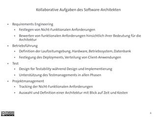 Kollaborative Aufgaben des Software-Architekten


●   Requirements Engineering
     ●     Festlegen von Nicht-Funktionalen Anforderungen
     ●     Bewerten von funktionalen Anforderungen hinsichtlich ihrer Bedeutung für die
           Architektur
●   Betriebsführung
     ●     Definition der Laufzeitumgebung, Hardware, Betriebssystem, Datenbank
     ●     Festlegung des Deployments, Verteilung von Client-Anwendungen
●   Test
     ●     Design for Testability während Design und Implementierung
     ●     Unterstützung des Testmanagements in allen Phasen
●   Projektmanagement
     ●     Tracking der Nicht-Funktionalen Anforderungen
     ●     Auswahl und Definition einer Architektur mit Blick auf Zeit und Kosten




                                                                                          4
 