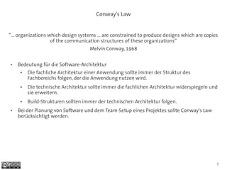 Conway's Law


“… organizations which design systems … are constrained to produce designs which are copies
                  of the communication structures of these organizations”
                                    Melvin Conway, 1968

●   Bedeutung für die Software-Architektur
     ●   Die fachliche Architektur einer Anwendung sollte immer der Struktur des
         Fachbereichs folgen, der die Anwendung nutzen wird.
     ●   Die technische Architektur sollte immer die fachlichen Architektur widerspiegeln und
         sie erweitern.
     ●   Build-Strukturen sollten immer der technischen Architektur folgen.
●   Bei der Planung von Software und dem Team-Setup eines Projektes sollte Conway's Law
    berücksichtigt werden.




                                                                                            7
 