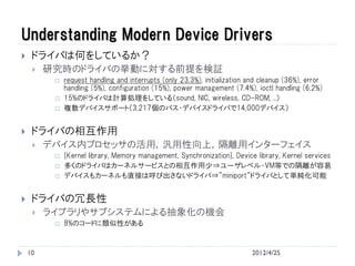 Understanding Modern Device Drivers
    ドライバは何をしているか？
        研究時のドライバの挙動に対する前提を検証
             request handling and interrupts (only 23.3%), initialization and cleanup (36%), error
              handling (5%), configuration (15%), power management (7.4%), ioctl handling (6.2%)
             15%のドライバは計算処理をしている（sound, NIC, wireless, CD-ROM, ..）
             複数デバイスサポート（3,217個のバス・デバイスドライバで14,000デバイス）


    ドライバの相互作用
        デバイス内プロセッサの活用，汎用性向上，隔離用インターフェイス
             {Kernel library, Memory management, Synchronization}, Device library, Kernel services
             多くのドライバはカーネルサービスとの相互作用少⇒ユーザレベル・VM等での隔離が容易
             デバイスもカーネルも直接は呼び出さないドライバ⇒”miniport”ドライバとして単純化可能


    ドライバの冗長性
        ライブラリやサブシステムによる抽象化の機会
             8%のコードに類似性がある


    10                                                                     2012/4/25
 