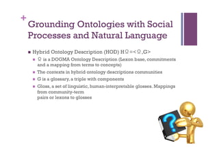 +
    Grounding Ontologies with Social
    Processes and Natural Language
    n    Hybrid Ontology Description (HOD) HΩ=<Ω,G>
          n    Ω is a DOGMA Ontology Description (Lexon base, commitments
                and a mapping from terms to concepts)
          n    The contexts in hybrid ontology descriptions communities
          n    G is a glossary, a triple with components
          n    Gloss, a set of linguistic, human-interpretable glosses. Mappings
                from community-term
                pairs or lexons to glosses
 