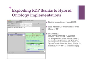 +
    Exploiting RDF thanks to Hybrid
    Ontology Implementations
                     n    Fact-oriented querying of RDF.

                     n    LIST Artist NOT with Gender with
                           Code = ‘M’

                     n    In SPARQL:
                           SELECT DISTINCT ?a WHERE {
                           ?a a myOnto0:Artist. OPTIONAL {
                           ?g myOnto0:Gender_of_Artist ?a.
                           ?g myOnto0:Gender_with_Code ?c. }
                           FILTER(?c != "M" || !bound(?c)) }
 