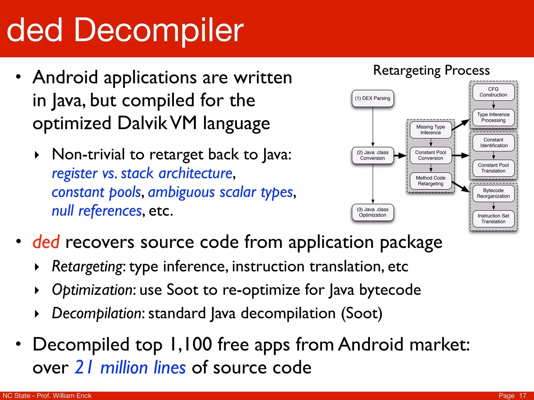 ded Decompiler
                                                                   Retargeting Process
    • Android applications are written                                                            CFG


         in Java, but compiled for the                      (1) DEX Parsing
                                                                                               Construction




         optimized Dalvik VM language
                                                                                              Type Inference
                                                                                                Processing
                                                                              Missing Type
                                                                               Inference
                                                                                                 Constant
                                                                                               Identiﬁcation

          ‣ Non-trivial to retarget back to Java:           (2) Java .class
                                                              Conversion
                                                                              Constant Pool
                                                                               Conversion


               register vs. stack architecture,
                                                                                              Constant Pool
                                                                                               Translation
                                                                              Method Code
                                                                               Retargeting

               constant pools, ambiguous scalar types,                                          Bytecode
                                                                                              Reorganization


               null references, etc.                        (3) Java .class
                                                             Optimization                     Instruction Set
                                                                                                Translation



    • ded recovers source code from application package
          ‣ Retargeting: type inference, instruction translation, etc
          ‣ Optimization: use Soot to re-optimize for Java bytecode
          ‣ Decompilation: standard Java decompilation (Soot)

    • Decompiled top 1,100 free apps from Android market:
         over 21 million lines of source code
NC State - Prof. William Enck                                                                           Page 17
 
