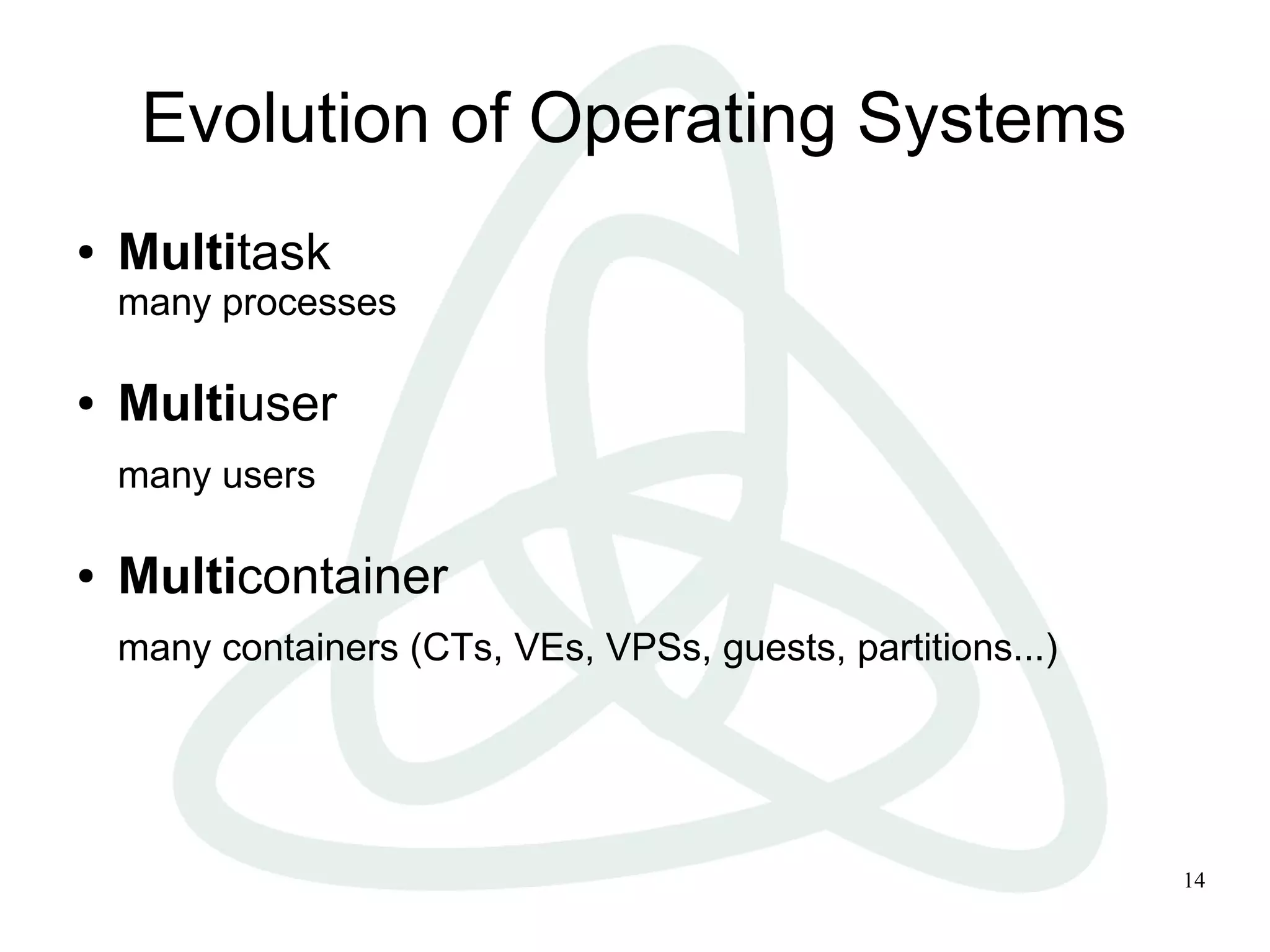 Evolution of Operating Systems
●   Multitask
    many processes

●   Multiuser
    many users

●   Multicontainer
    many containers (CTs, VEs, VPSs, guests, partitions...)




                                                              14
 