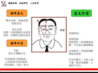 體驗教練   組織學習   人培管理



  標準眉毛                   眉毛印堂
 彎長有勢、昂揚秀潤
   根根見肉

    眉毛長度
眉頭：比眼頭稍長為基準            相理與我：
眉尾：由嘴角往眼角延伸
                       眉頭管肺
                       眉尾管肝：肝與脾氣相
  標準印堂                 關，可由眉毛窺探脾氣

    平闊、                印堂較窄：思維領域較
  眉毛不擠壓印堂              狹隘或侷限

印堂(兩眉之間)寬度，            印堂有雜毛：天地人氣
 以食指和中指為基準             不通，較容易衝動，心
男性兩指、女性一指半             寬則不長毛
 