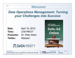 Welcome!
         TITLE




                 Data Operations Management: Turning
                     your Challenges into Success


              Date:                                                  April 10, 2012
              Time:                                                  2:00 PM ET
              Presenter:                                             Dr. Peter Aiken
              Twitter:                                               #dataed




         PRODUCED BY                                                                      CLASSIFICATION   DATE        SLIDE
          DATA BLUEPRINT 10124-C W. BROAD ST, GLEN ALLEN, VA 23060                        EDUCATION        4/10/2012           1
© Copyright this and previous years by Data Blueprint - all rights reserved!
 