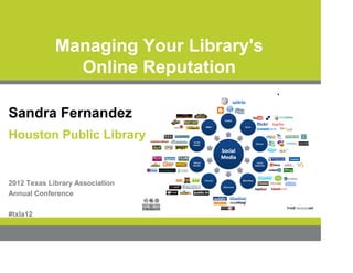 Managing Your Library's
               Online Reputation

Sandra Fernandez
Houston Public Library


2012 Texas Library Association
Annual Conference

#txla12
 