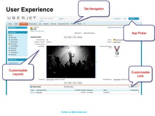 User Experience                      Tab Navigation




                                                      App Picker




Customizable
                                                      Customizable
  Layouts
                                                          Lists




                  Follow us @forcedotcom
 