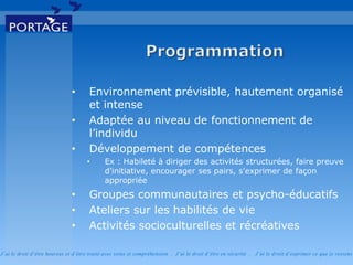 J’ai le droit d’être heureux et d’être traité avec soins et compréhension . J’ai le droit d’être en sécurité . J’ai le d roit d’exprimer ce que je ressens
• Environnement prévisible, hautement organisé
et intense
• Adaptée au niveau de fonctionnement de
l’individu
• Développement de compétences
• Ex : Habileté à diriger des activités structurées, faire preuve
d'initiative, encourager ses pairs, s'exprimer de façon
appropriée
• Groupes communautaires et psycho-éducatifs
• Ateliers sur les habilités de vie
• Activités socioculturelles et récréatives
 