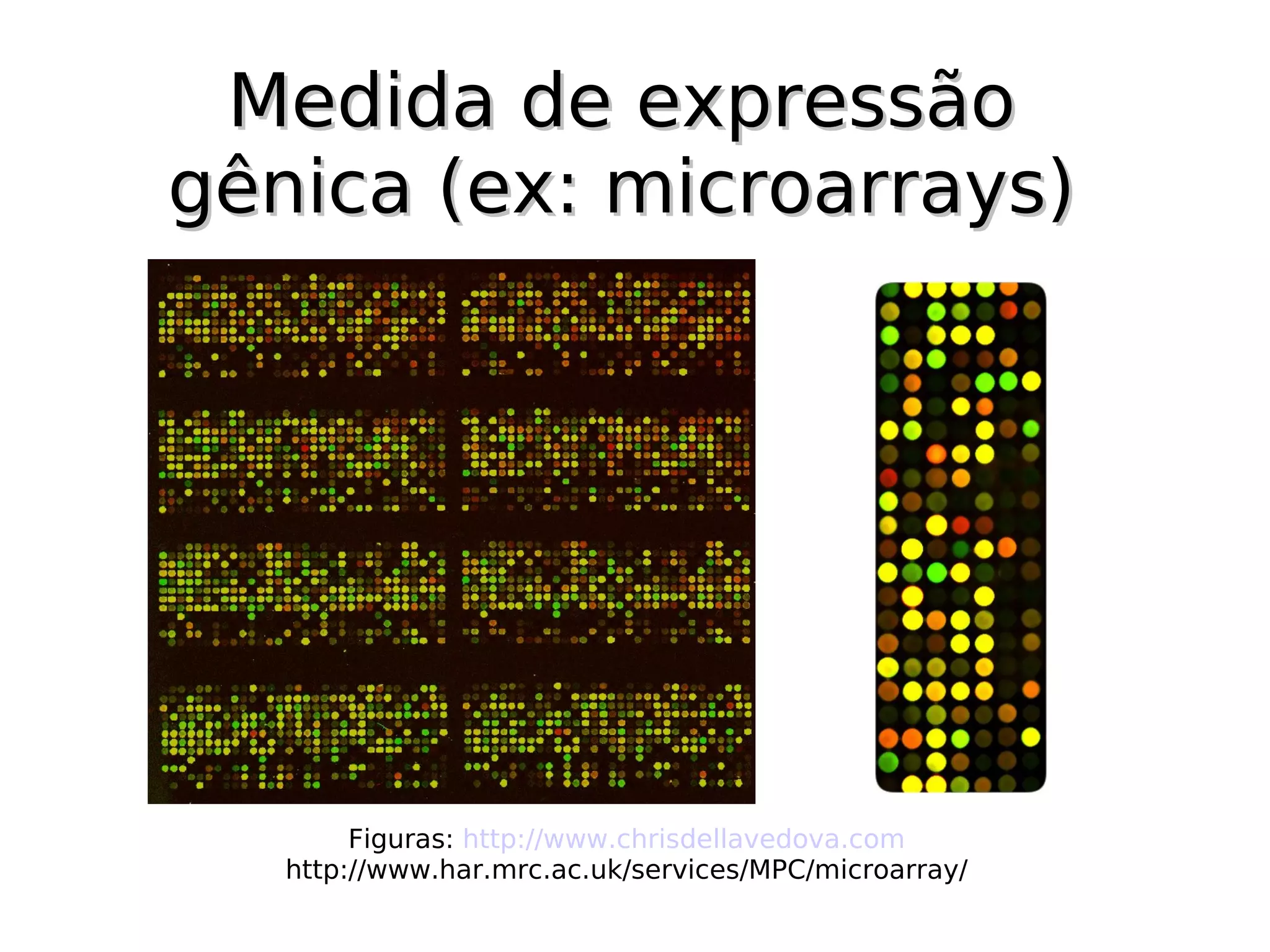 Medida de expressão
gênica (ex: microarrays)




        Figuras: http://www.chrisdellavedova.com
   http://www.har.mrc.ac.uk/services/MPC/microarray/
 