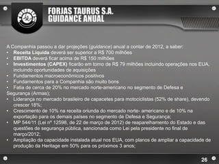 FORJAS TAURUS S.A.
                  GUIDANCE ANUAL


A Companhia passou a dar projeções (guidance) anual a contar de 2012, a saber:
• Receita Líquida deverá ser superior a R$ 700 milhões
• EBITDA deverá ficar acima de R$ 150 milhões
• Investimentos (CAPEX) ficarão em torno de R$ 79 milhões incluindo operações nos EUA,
   incluindo oportunidades de aquisições
• Fundamentos macroeconômicos positivos
• Fundamentos para a Companhia são muito bons
• Fatia de cerca de 20% no mercado norte-americano no segmento de Defesa e
Segurança (Armas);
• Liderança no mercado brasileiro de capacetes para motociclistas (52% de share), devendo
   crescer 18%;
• Crescimento de 10% na receita oriunda do mercado norte- americano e de 10% na
   exportação para os demais países no segmento de Defesa e Segurança;
• MP 544/11 (Lei nº 12598, de 22 de março de 2012) de reaparelhamento do Estado e das
   questões de segurança pública, sancionada como Lei pela presidente no final de
   março/2012;
• Ampliação da capacidade instalada atual nos EUA, com planos de ampliar a capacidade de
   produção da Heritage em 50% para os próximos 3 anos;

                                                                                    26
 