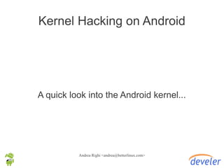 Kernel Hacking on Android




A quick look into the Android kernel...




          Andrea Righi <andrea@betterlinux.com>
 