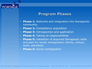 I have the right to be happy and to be treated with care and understanding . I have the right to be safe . I have the right to say what I feel
• Phase 1: Welcome and integration into therapeutic
community
• Phase 2: Competency acquisition
• Phase 3: Introspection and application
• Phase 4: Taking on responsibilities
• Phase 5: Validation of acquired therapeutic skills
and plan for social reintegration (family, school,
work, activities)
• Phase 6: Social reintegration
 