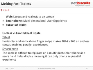 Melting Pot: Tablets
1+1=3

  Web: Layout and real estate on screen
+ Smartphone: Multi dimensional User Experience
= Subset of Tablet

Endless vs Limited Real Estate
Tablet
Horizontal and vertical one finger swipe makes 1024 x 768 an endless
canvas enabling parallel experiences
Smartphone
The same is difficult to replicate on a multi touch smartphone as a
users hand hides display meaning it can only offer a sequential
experience

   May 11, 2012             © Netbiscuits GmbH 2012              20
 