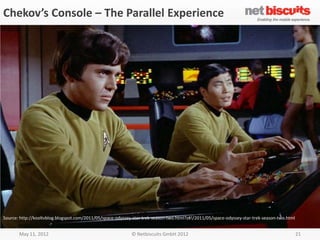 Chekov’s Console – The Parallel Experience




Source: http://kooltvblog.blogspot.com/2011/05/space-odyssey-star-trek-season-two.html?z#!/2011/05/space-odyssey-star-trek-season-two.html


       May 11, 2012                                         © Netbiscuits GmbH 2012                                                          21
 