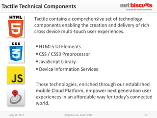 Tactile Technical Components

                 Tactile contains a comprehensive set of technology
                 components enabling the creation and delivery of rich
                 cross device multi-touch user experiences.

                  HTML5 UI Elements
                  CSS / CSS3 Preprocessor
                  JavaScript Library
                  Device Information Services

                 These technologies, enriched through our established
                 mobile Cloud Platform, empower next generation user
                 experiences in an affordable way for today's connected
                 world.

  May 11, 2012                © Netbiscuits GmbH 2012               32
 