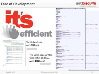 Ease of Development




                 Tactile Mark-up,
                 only 70 lines.


                    The same page written
                    with HTML and CSS,
                    over 300 lines!



  May 11, 2012                 © Netbiscuits GmbH 2012   34
 