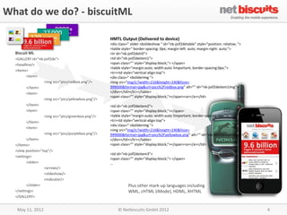 What do we do? - biscuitML

                                                     HMTL Output (Delivered to device)
                                                     <div class=" slider nbslideshow " id="nb-joif2detable" style="position: relative; ">
                                                     <table style=" border-spacing: 0px; margin-left: auto; margin-right: auto;">
  Biscuit ML                                         <tr id="nb-joif2detr0">
  <GALLERY id="nb-joif2de">                          <td id="nb-joif2deitem1">
  <headline/>                                        <span class="" style="display:block;"> </span>
                                                     <table style="margin:auto; width:auto !important; border-spacing:0px;">
  <items>
                                                     <tr><td style="vertical-align:top">
         <item>                                      <div class=" nbsliderimg ">
                   <img src="pics/redbox.png"/>      <img src="img/ic?width=216&height=240&fsize=
         </item>                                     999000&format=jpg&url=pics%2Fredbox.png" alt="" id="nb-joif2deitem1img">
         <item>                                      </div></td></tr></table>
                                                     <span class="" style="display:block;"></span><a></a></td>
                   <img src="pics/yellowbox.png"/>
         </item>                                     <td id="nb-joif2deitem2">
         <item>                                      <span class="" style="display:block;"></span>
                   <img src="pics/greenbox.png"/>    <table style="margin:auto; width:auto !important; border-spacing:0px;">
         </item>                                     <tr><td style="vertical-align:top">
                                                     <div class=" nbsliderimg ">
         <item>
                                                     <img src="img/ic?width=216&height=240&fsize=
                   <img src="pics/purplebox.png"/>   999000&format=jpg&url=pics%2Fyellowbox.png" alt="" id="nb-joif2deitem2img">
         </item>                                     </div></td></tr></table>
  </items>                                           <span class="" style="display:block;"></span><a></a></td>
  <view position="top"/>
                                                     <td id="nb-joif2deitem3">
  <settings>
                                                     <span class="" style="display:block;"> </span>
         <slider>                                    …
                   <arrows/>
                   <slideshow/>
                   <indicator/>
         </slider>                                              Plus other mark-up languages including
  </settings>                                                   WML, cHTML (iMode), HDML, XHTML
  </GALLERY>


   May 11, 2012                                          © Netbiscuits GmbH 2012                                                            4
 