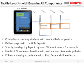Tactile Layouts with Engaging UI Components
                   Layout Manager


                     Overlay

                         MultiView




                                               MultiView




   Create layouts of any kind and with any level of complexity
   Deliver pages with multiple layouts
   Specify overlapping layout regions. Slide out menus for example
   Use MultiView in combination with swipe events to create galleries
   Enhance viewing experience with blind, fade and slide effects

    May 11, 2012                     © Netbiscuits GmbH 2012      47
 