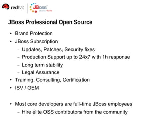JBoss Professional Open Source
   Brand Protection
   JBoss Subscription
      Updates, Patches, Security fixes
      Production Support up to 24x7 with 1h response
      Long term stability
      Legal Assurance
   Training, Consulting, Certification
   ISV / OEM


   Most core developers are full-time JBoss employees
       Hire elite OSS contributors from the community
 