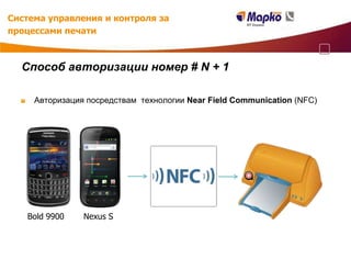 Система управления и контроля за
процессами печати



  Способ авторизации номер # N + 1

     Авторизация посредствам технологии Near Field Communication (NFC)




   Bold 9900    Nexus S
 