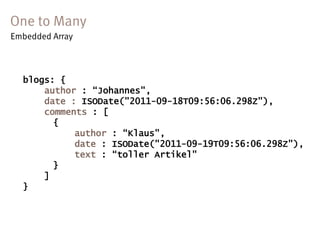 blogs: {
    author : “Johannes",
    date : ISODate("2011-09-18T09:56:06.298Z"),
    comments : [
      {
          author : “Klaus",
          date : ISODate("2011-09-19T09:56:06.298Z"),
          text : “toller Artikel"
      }
    ]
}
 