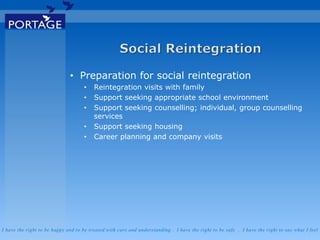 I have the right to be happy and to be treated with care and understanding . I have the right to be safe . I have the right to say what I feel
• Preparation for social reintegration
• Reintegration visits with family
• Support seeking appropriate school environment
• Support seeking counselling; individual, group counselling
services
• Support seeking housing
• Career planning and company visits
 