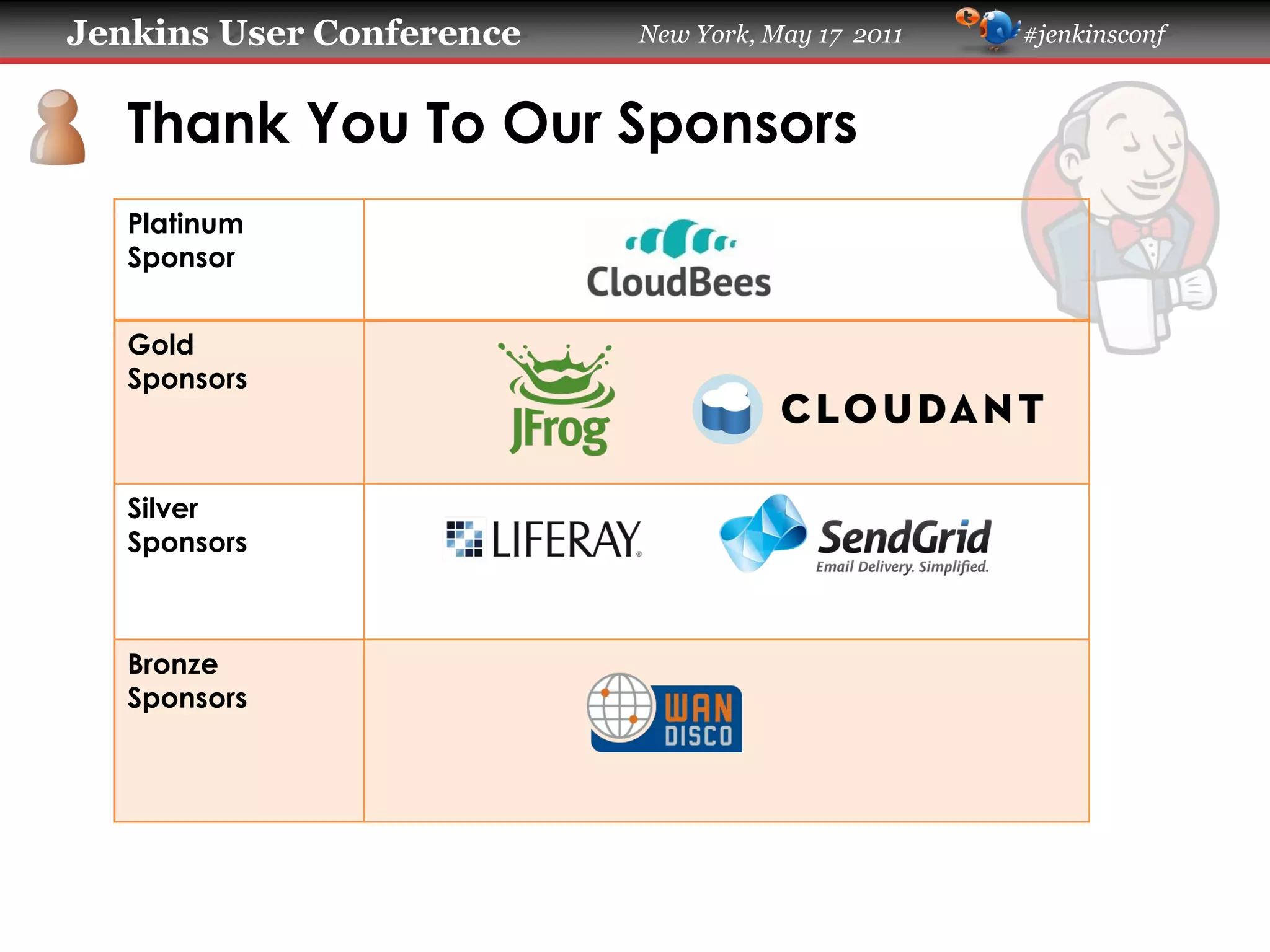 Jenkins User Conference New York, May 17 2011 #jenkinsconf
Thank You To Our Sponsors
Platinum
Sponsor
Gold
Sponsors
Silver
Sponsors
Bronze
Sponsors