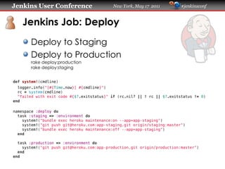 Jenkins User Conference                     New York, May 17 2011         #jenkinsconf
    Jenkins Job: Deploy
       Deploy to Staging
       Deploy to Production
       rake deploy:production
       rake deploy:staging
def system!(cmdline)
  logger.info("[#{Time.now}] #{cmdline}")
  rc = system(cmdline)
  "failed with exit code #{$?.exitstatus}" if (rc.nil? || ! rc || $?.exitstatus != 0)
end
namespace :deploy do
  task :staging => :environment do
    system!("bundle exec heroku maintenance:on --app=app-staging")
    system!("git push git@heroku.com:app-staging.git origin/staging:master")
    system!("bundle exec heroku maintenance:off --app=app-staging")
  end
  task :production => :environment do
    system!("git push git@heroku.com:app-production.git origin/production:master")
  end
end
 