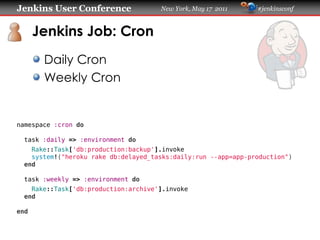 Jenkins User Conference               New York, May 17 2011     #jenkinsconf
      Jenkins Job: Cron
       Daily Cron
       Weekly Cron
namespace :cron do
  task :daily => :environment do
    Rake::Task['db:production:backup'].invoke
    system!("heroku rake db:delayed_tasks:daily:run --app=app-production")
  end
  task :weekly => :environment do
    Rake::Task['db:production:archive'].invoke
  end
end
 