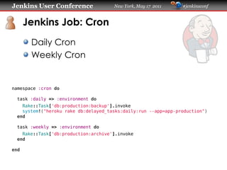 Jenkins User Conference               New York, May 17 2011     #jenkinsconf



      Jenkins Job: Cron
       Daily Cron
...