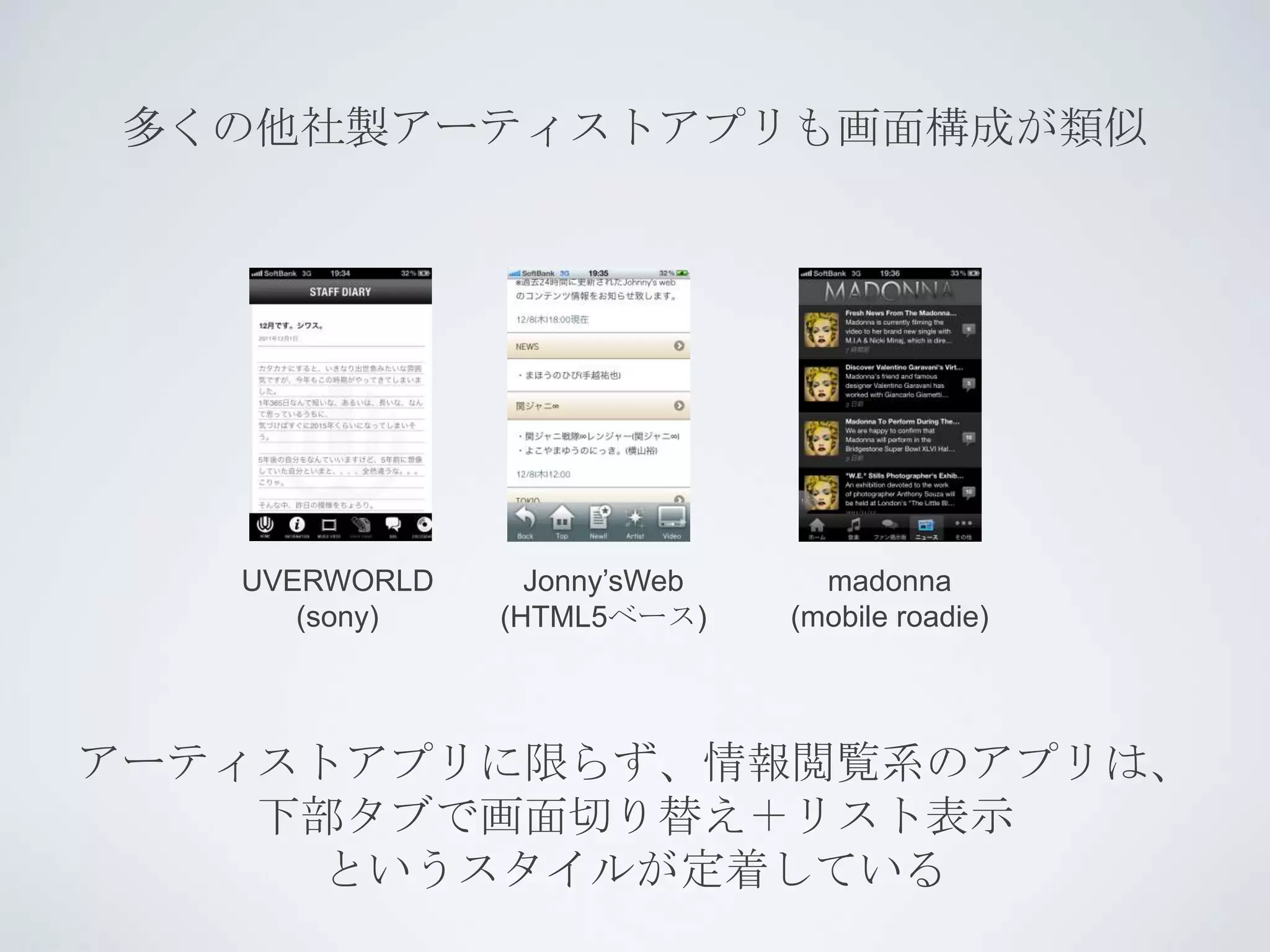 多くの他社製アーティストアプリも画面構成が類似




   UVERWORLD     Jonny’sWeb     madonna
      (sony)   (HTML5ベース)     (mobile roadie)




アーティストアプリに限らず、情報閲覧系のアプリは、
    下部タブで画面切り替え＋リスト表示
      というスタイルが定着している
 