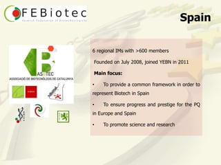 Spain

6 regional IMs with >600 members

Founded on July 2008, joined YEBN in 2011

Main focus:

•   To provide a common framework in order to
represent Biotech in Spain

•   To ensure progress and prestige for the PQ
in Europe and Spain

•   To promote science and research
 