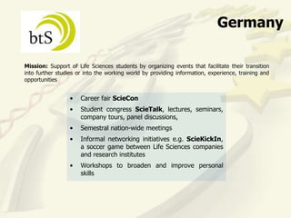 Germany

Mission: Support of Life Sciences students by organizing events that facilitate their transition
into further studies or into the working world by providing information, experience, training and
opportunities


                  •   Career fair ScieCon
                  •   Student congress ScieTalk, lectures, seminars,
                      company tours, panel discussions,
                  •   Semestral nation-wide meetings
                  •   Informal networking initiatives e.g. ScieKickIn,
                      a soccer game between Life Sciences companies
                      and research institutes
                  •   Workshops to broaden and improve personal
                      skills
 