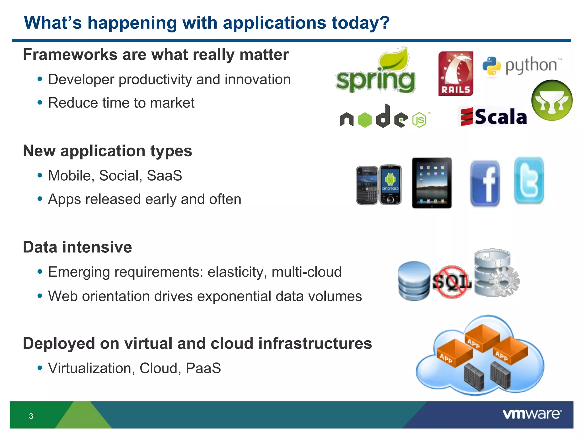 What’s happening with applications today?
Frameworks are what really matter
  •  Developer productivity and innovation
  •  Reduce time to market


New application types
 •  Mobile, Social, SaaS
 •  Apps released early and often


Data intensive
 •  Emerging requirements: elasticity, multi-cloud
 •  Web orientation drives exponential data volumes

Deployed on virtual and cloud infrastructures
 •  Virtualization, Cloud, PaaS

 3
 