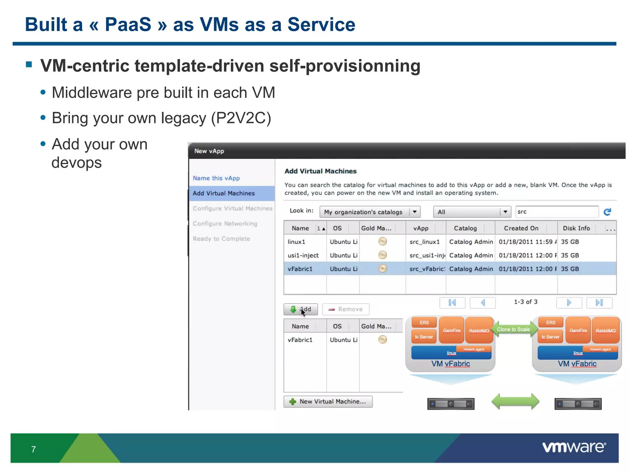 Built a « PaaS » as VMs as a Service

§  VM-centric template-driven self-provisionning
    •  Middleware pre built in each VM
    •  Bring your own legacy (P2V2C)
    •  Add your own
     devops




7
 