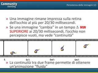 Persistenza delle immagini (2)




    » Una immagine rimane impressa sulla retina
      dell’occhio al più per 20/30 millisecondi.
    » Se una immagine “cambia” in un tempo Δ NON
      SUPERIORE ai 20/30 millisecondi, l’occhio non
      percepisce vuoti, ma vede “continuità”




t              t+Δ            t+2Δ              t+3Δ
    » La continuità tra due frame permette di ottenere
      un’animazione “fluida”
 