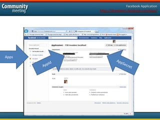 Facebook Application
       https://developers.facebook.com/apps/




Apps
 