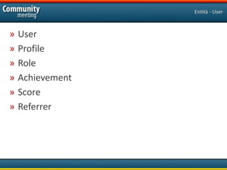 Entità - User



»   User
»   Profile
»   Role
»   Achievement
»   Score
»   Referrer
 