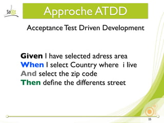 Approche ATDD
 Acceptance Test Driven Development


Given I have selected adress area
When I select Country where i live
And select the zip code
Then deﬁne the differents street



                                      25
 