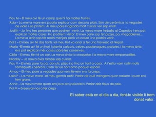 Pau M – El meu avi té un camp que hi ha moltes fruites.
Ada – La meva mare ens podria explicar com decora plats. Són de ceràmica i a vegades
    de vidre i els pintem. Al meu pare li agrada molt cuinar i en sap molt.
Judith – Jo tinc tres persones que podrien venir. La meva mare treballa al Caprabo i ens pot
    explicar moltes coses. Ho podríem visitar. El meu pare sap fer pizzes, pa, magdalenes...
    La meva àvia sap fer molts menjars però va caure i no podria venir.
Pol S – El meu avi té dos horts i el meu tiet va anar a fer una travessa al Nepal.
Maria –El meu avi té un hort i planta calçots, cebes, pastanagues, patates. I la meva àvia
    ens pot explicar més coses sobre les conserves.
Cèlia – El meu tiet té un bar. La meva àvia fa croquetes i la meva mare empanadilles.
Nicolay – La meva àvia també sap cuinar.
Pau V – El meu pare fa pa, donuts, pizza i jo tinc un hort a casa. A l’estiu vam collir molts
    tomàquets i pebrots. Com fer un hort amb poquet espai?
Arnau – El meu pare a vegades quan ens llevem ens fa creps.
Laia P – La meva mare i el meu germà petit. Parlar de què mengem quan naixem i quan ens
    fem grans.
Anna – La meva mare quan era jove era peixatera. Parlar dels tipus de peix.
Pol M – Ensenyar-nos a fer creps.

                                         El saber està en el dia a dia, fent-lo visible li hem
                                                                                 donat valor.
 