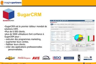 SugarCRM

•SugarCRM est le premier éditeur mondial de
solutions CRM.
•Plus de 6 000 clients.
•plus de 5000 utilisateurs font confiance à
SugarCRM pour :
- exécuter des programmes marketing,
- augmenter leurs ventes.
- fidéliser leurs clients.
- créer des applications professionnelles
     personnalisées.
 