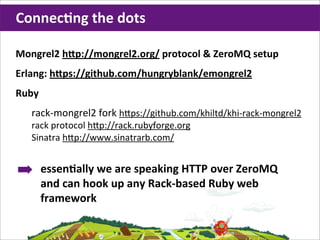 ConnecHng	
  the	
  dots

Mongrel2	
  h`p://mongrel2.org/	
  protocol	
  &	
  ZeroMQ	
  setup
Erlang:	
  h`ps://github.com/hungryblank/emongrel2
Ruby
    rack-­‐mongrel2	
  fork	
  hKps://github.com/khiltd/khi-­‐rack-­‐mongrel2
    rack	
  protocol	
  hKp://rack.rubyforge.org
    Sinatra	
  hKp://www.sinatrarb.com/


➡      essenHally	
  we	
  are	
  speaking	
  HTTP	
  over	
  ZeroMQ
       and	
  can	
  hook	
  up	
  any	
  Rack-­‐based	
  Ruby	
  web	
  
       framework
 
