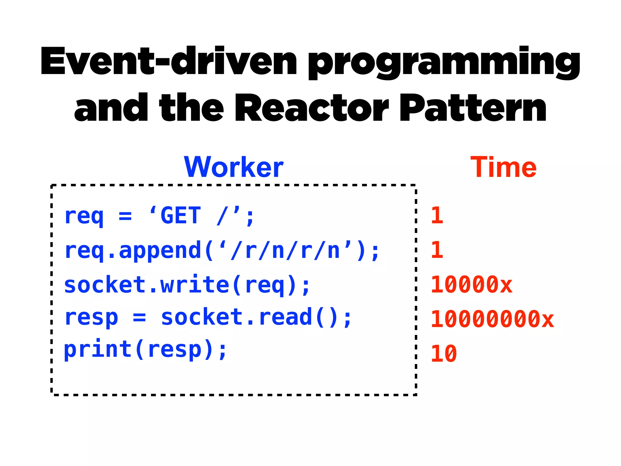 Event-driven programming
 and the Reactor Pattern
         Worker              Time
 req = ‘GET /’;            1
 req.append(‘/r/n/r/n’);   1
 socket.write(req);        10000x
 resp = socket.read();     10000000x
 print(resp);              10
 