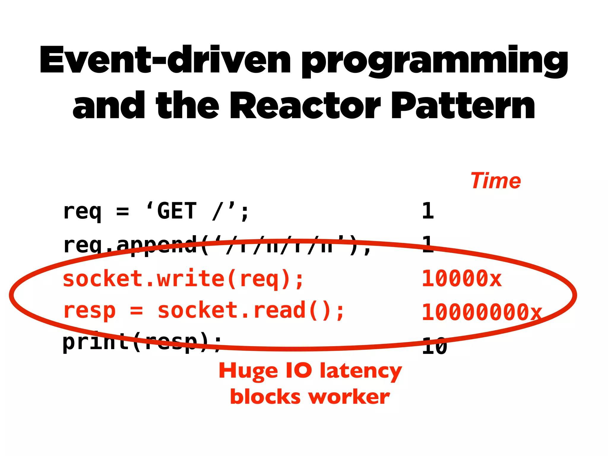Event-driven programming
 and the Reactor Pattern
                                  Time
 req = ‘GET /’;                1
 req.append(‘/r/n/r/n’);       1
 socket.write(req);            10000x
 resp = socket.read();         10000000x
 print(resp);                  10
             Huge IO latency
              blocks worker
 