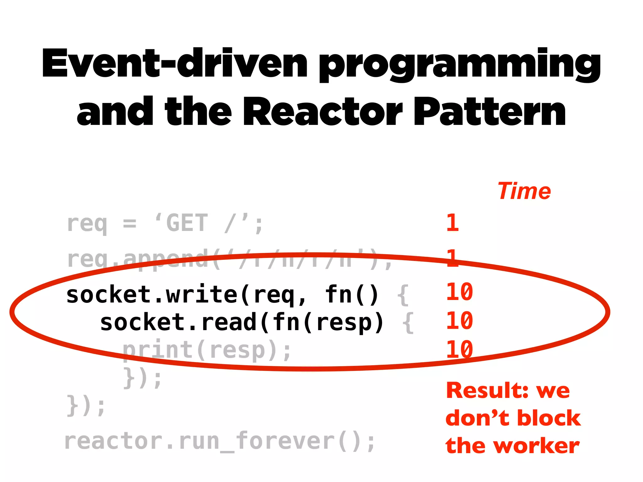 Event-driven programming
 and the Reactor Pattern
                                 Time
req = ‘GET /’;              1
req.append(‘/r/n/r/n’);     1
socket.write(req, fn() {    10
   socket.read(fn(resp) {   10
     print(resp);           10
     });
                            Result: we
});
                            don’t block
reactor.run_forever();      the worker
 