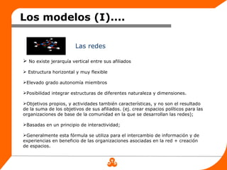 Los modelos (I)....

                        Las redes

 No existe jerarquía vertical entre sus afiliados

 Estructura horizontal y muy flexible

Elevado grado autonomía miembros

Posibilidad integrar estructuras de diferentes naturaleza y dimensiones.

Objetivos propios, y actividades también características, y no son el resultado
de la suma de los objetivos de sus afiliados. (ej. crear espacios políticos para las
organizaciones de base de la comunidad en la que se desarrollan las redes);

Basadas en un principio de interactividad;

Generalmente esta fórmula se utiliza para el intercambio de información y de
experiencias en beneficio de las organizaciones asociadas en la red + creación
de espacios.
 