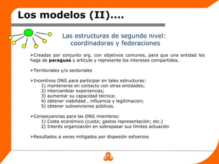 Los modelos (II)....

                 Las estructuras de segundo nivel:
                   coordinadoras y federaciones
  Creadas por conjunto org. con objetivos comunes, para que una entidad les
  haga de paraguas y articule y represente los intereses compartidos.

  Territoriales y/o sectoriales

  Incentivos ONG para participar en tales estructuras:
      1) mantenerse en contacto con otras entidades;
      2) intercambiar experiencias;
      3) aumentar su capacidad técnica;
      4) obtener viabilidad , influencia y legitimacion;
      5) obtener subvenciones públicas.

  Consecuencias para las ONG miembros:
      1) Coste económico (cuota; gastos representación; etc.)
      2) Interés organización en sobrepasar sus límites actuación

  Resultados a veces mitigados por dispesión esfuerzos
 